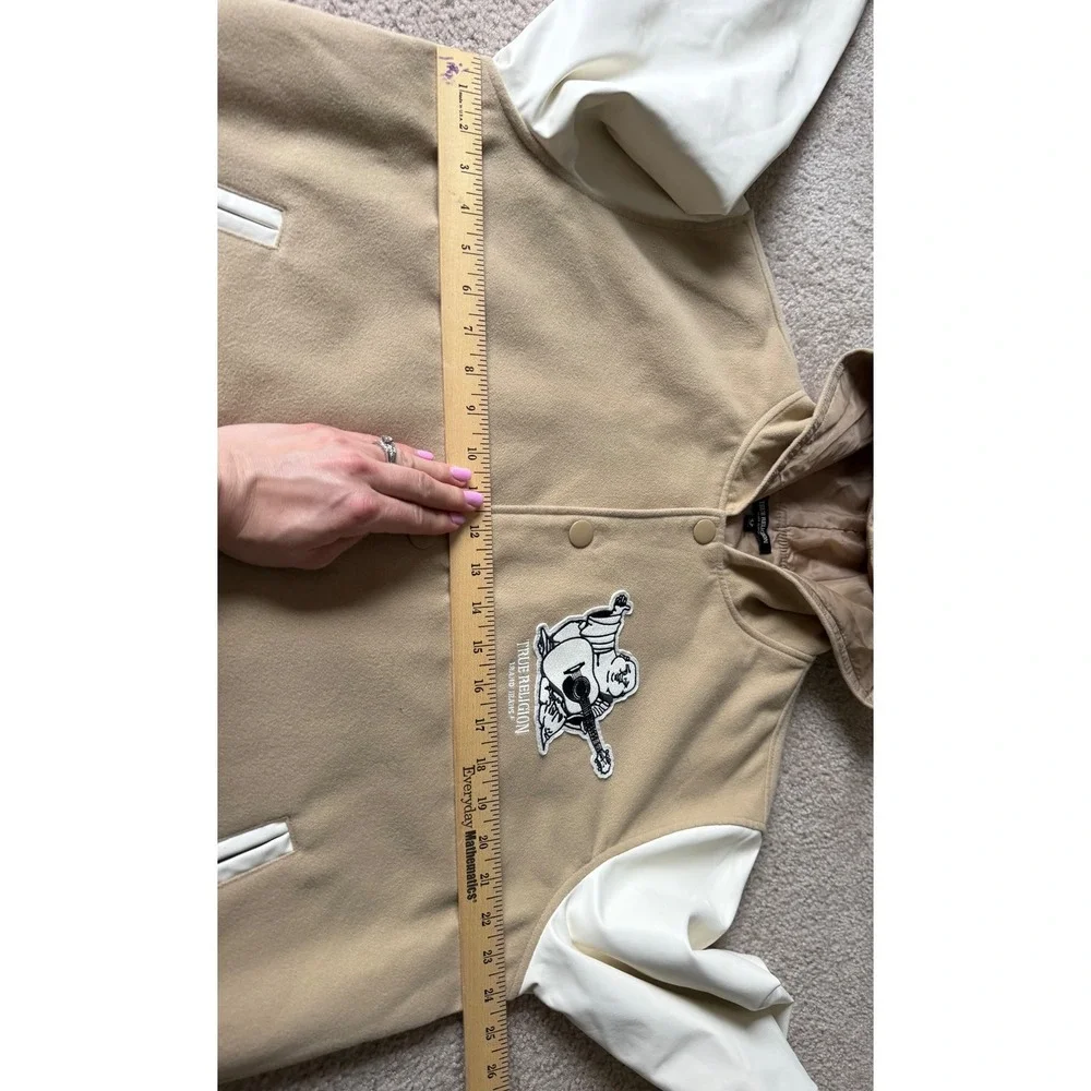 True Religion Varsity Jacket Two Toned Buddha Hooded Cream White Men's Medium